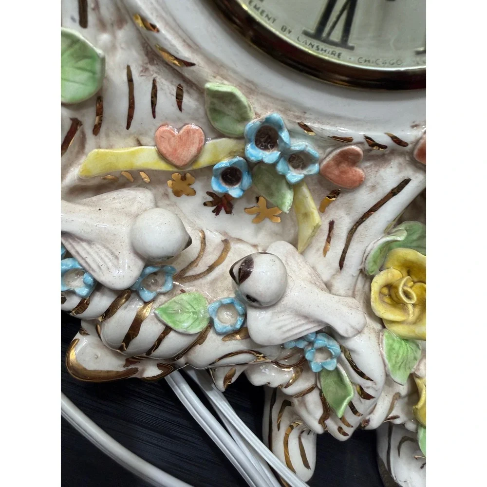 Vintage Lanshire Porcelain Mantel Clock Cherubs Doves‎ Roses Gold Gilt Electric